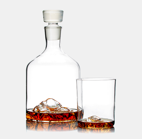 Whiskey Peaks Mountain Decanter + Half Dome Set of 2 Whiskey Glasses