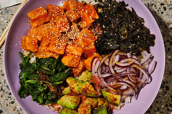 Tabasco and Gochujang Cured-Salmon Poke Bowl