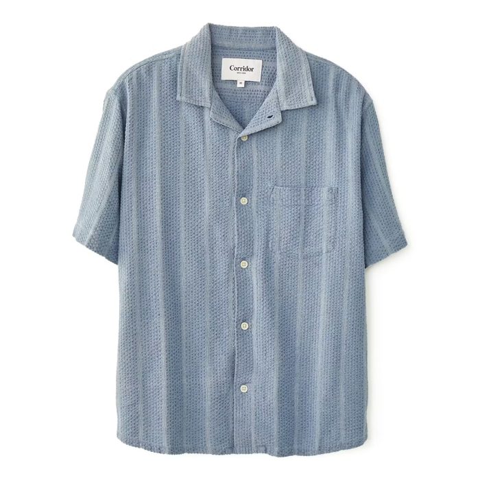 Corridor Striped Seersucker Camp Collar Short Sleeve Shirt in Indigo